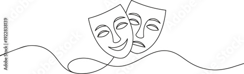A continuous line drawing of happy and sad theatrical masks united.