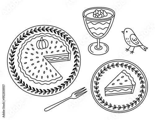 Whimsical Autumn Dessert Scene: Pie, Parfait, and a Little Bird