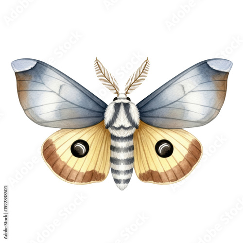 elegant moth illustration with soft blue-grey and buttery yellow wings, prominent ocelli, and fuzzy body, rendered in wet watercolor on a transparent background, portraying delicate nature's beauty