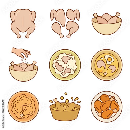 Fried Chicken Cooking Process Flat Vector Illustration Set