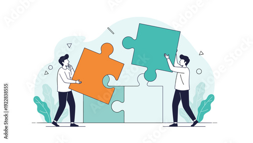 Two professional men work together to assemble large orange and teal puzzle pieces representing collaborative teamwork.