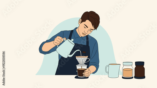 Skilled barista carefully pours hot water over coffee grounds using a white kettle for a perfect pour-over brew at home.