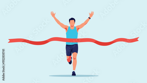 Male athlete crosses the red finish line tape with his arms raised in triumph after winning a competitive race.