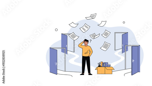 Stressed man stands in a hallway filled with flying papers while facing several open doors and a box of office supplies.