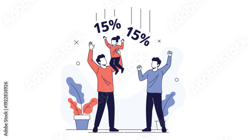 Happy family celebrates with a young child as fifteen percent discount signs fall around them in a promotional concept.