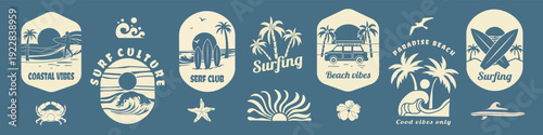 Retro surf club badge collection with ocean waves, palm trees, and tropical sun. Vintage vector emblems for t-shirt prints, beachwear design, summer logos, and coastal branding projects.