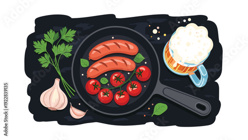 Top down view of sizzling sausages and cherry tomatoes in a frying pan next to a cold glass of foamy beer on a dark table.