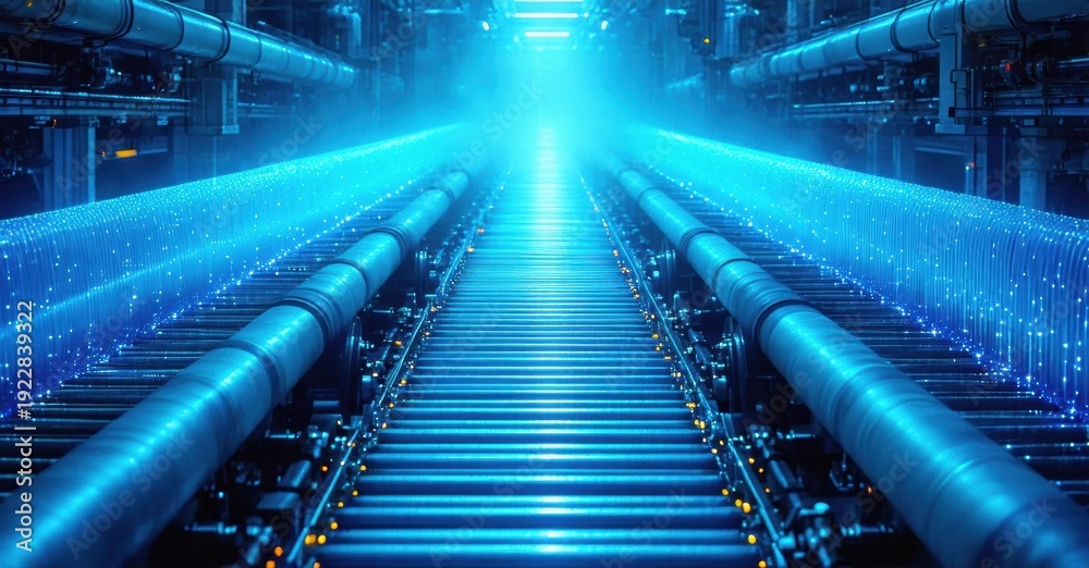 Fototapeta premium Futuristic data center interior. Bright blue light illuminates complex network infrastructure, pipes, cables, conveying digital connectivity.