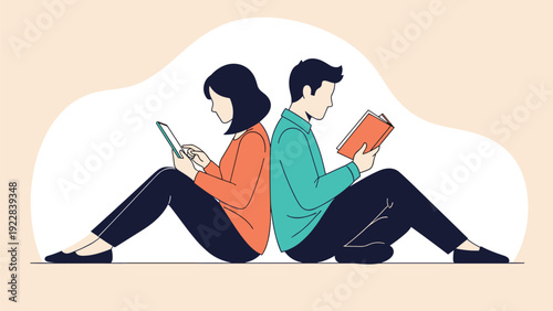 Man and woman sit back to back on the floor while he reads a printed book and she uses a modern digital tablet.