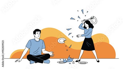 Angry woman breaks ceramic plates on the floor while arguing with her sad partner in a conceptual relationship scene.