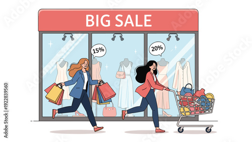 Two women run enthusiastically past a big sale storefront with their arms full of shopping bags and a grocery cart.