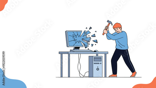 Frustrated office worker destroys his desktop computer monitor with a heavy hammer in a moment of intense work stress.