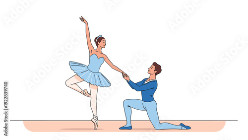 Professional ballerina and her male partner perform a graceful classical dance routine on stage showcasing their skills and elegant costumes together.