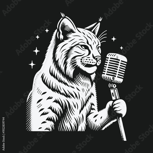 Lynx sings into vintage microphone black and white illustration.
