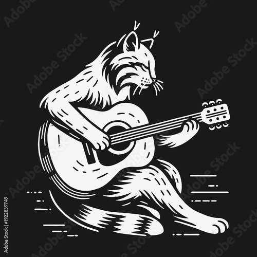 Lynx serenading with a guitar in black and white.