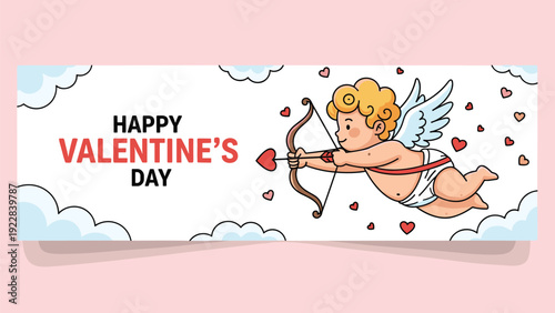 Sweet cupid angel flies through the clouds with his bow and heart-shaped arrow to celebrate a happy valentines day in this festive banner design.