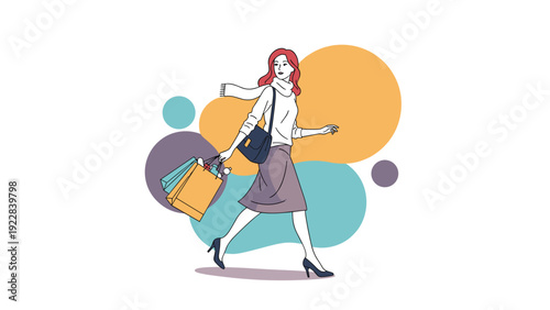 Fashionable young woman walks confidently while carrying several colorful shopping bags against a background of abstract circular shapes and colors.
