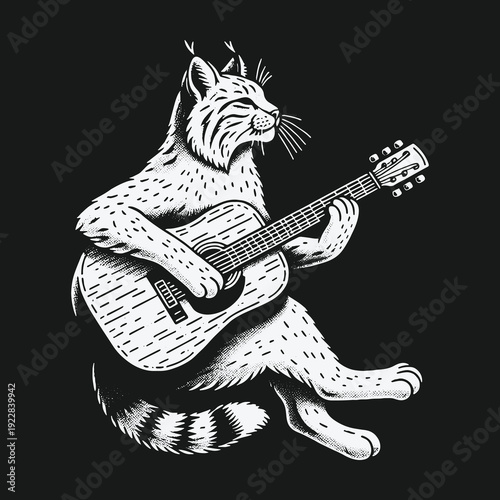 Lynx serenades with acoustic guitar in monochrome illustration.