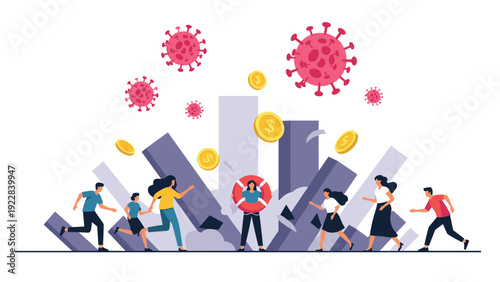 Conceptual illustration showing people fleeing from a financial market crash caused by a global pandemic with virus symbols and falling coins everywhere.