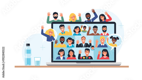 Diverse group of people participates in a large online video conference call on a laptop screen waving hello to each other from their homes.