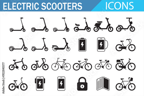 Electric Scooters Line Icons Set Micro Mobility Urban Transport E Scooter Charging Battery and Sustainable City Transportation Symbols