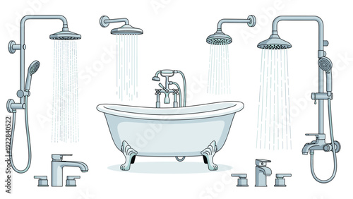 Detailed collection of modern and classic bathroom fixtures including several types of shower heads, a vintage clawfoot bathtub, and various faucets.