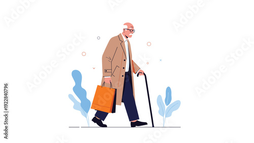 Senior gentleman with glasses and a stylish coat walks down the street with his walking stick and a shopping bag during a pleasant outing.