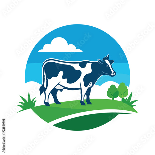 Farm Animal Dairy Cow in a Green Pasture Landscape with Mountains and Sunrise Presenting Rural Livestock and Agriculture Environment