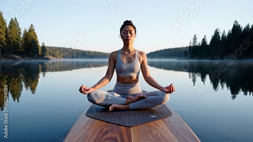 Person meditating in perfect lotus pose on a paddleboard on a completely still glass-like lake, peaceful morning aesthetic, mindfulness and mental health concept.