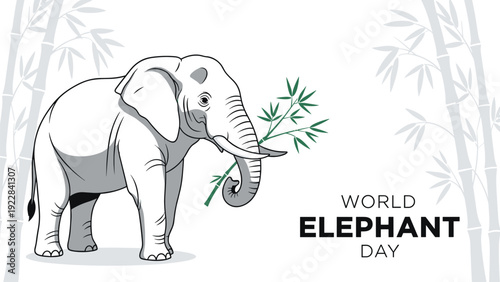 Majestic elephant stands gracefully while holding a green bamboo branch to celebrate world elephant day in a minimalist and clean graphic illustration.