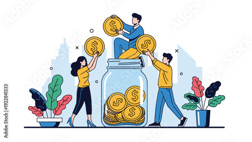 Team of people works together to fill a large glass jar with gold coins symbolizing shared financial goals, savings, and collaborative investment for the future.