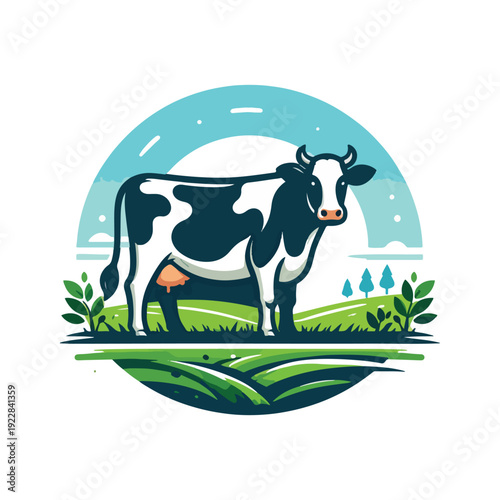 Farm Animal Dairy Cow in a Green Pasture Landscape with Mountains and Sunrise Presenting Rural Livestock and Agriculture Environment