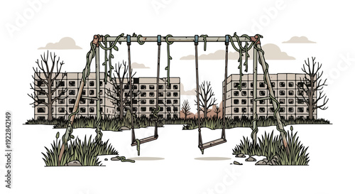 A haunting illustration of abandoned swings in a desolate playground on Remembrance Day, with a backdrop of dilapidated apartment buildings near Chernobyl, evoking a somber mood.