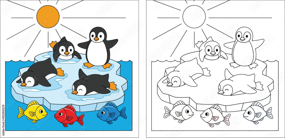Naklejka premium Happy Penguins on Ice with Fish Under Sun - Cute Cartoon Arctic Scene