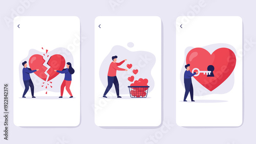 Sequence of three phone screens showing a broken heart being put back together, collected, and unlocked with a key.