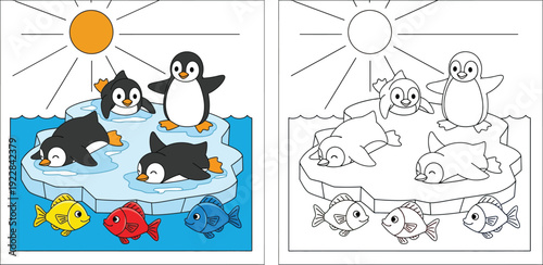 Happy Penguins on Ice with Fish Under Sun - Cute Cartoon Arctic Scene