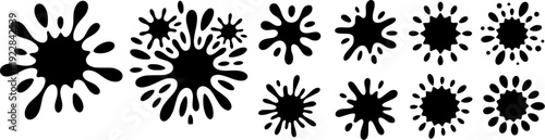 Black ink splash and paint splatter silhouettes in various shapes. Abstract blot and stain elements isolated on white background, vector set.