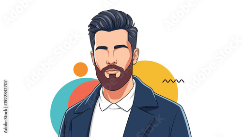 Modern vector illustration of a stylish man with a beard wearing a dark coat and white shirt on an abstract background.