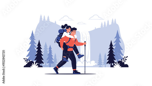 Happy family hiking in the mountains with the father carrying a small child in a backpack near a beautiful waterfall.