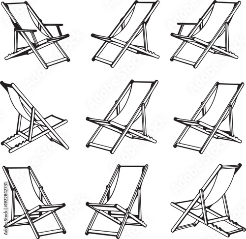 Set of deck chairs in different positions illustrated on transparent background
