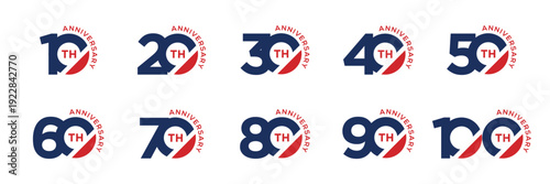 Set of 10 to 100 anniversary celebration logo design, Number text 10 to 100 years bithday party festival holiday logo icon concept