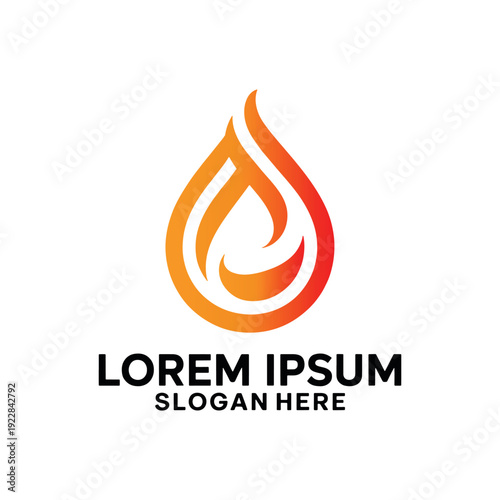 Dynamic symbol featuring a fiery teardrop with swirling orange and red flames against a clean white background accompanied by bold placeholder text