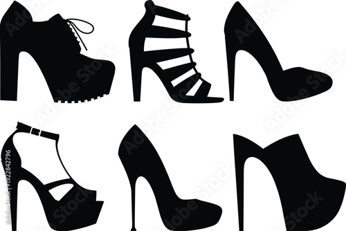 High heel shoe silhouettes, women fashion footwear collection, black stiletto pumps, platform heels, elegant minimalist icon set, vector illustration, isolated