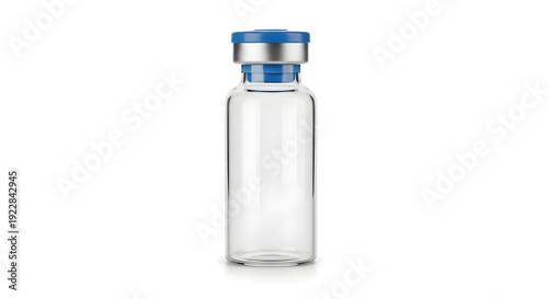 Clear glass bottle with a blue cap, standing upright against a white background