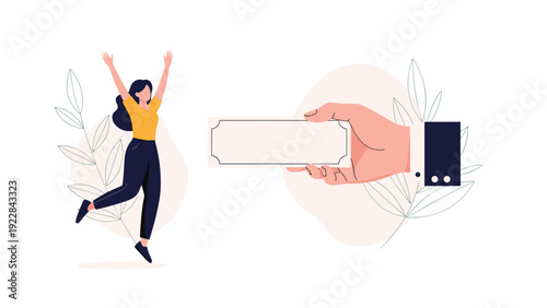 Happy young woman jumping for joy next to a giant hand holding out a blank gift certificate or prize ticket.