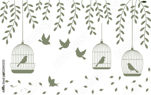 Minimal nature illustration, hanging bird cages, flying birds, leafy branches, vintage botanical wall art, elegant flat design background