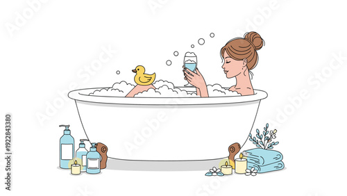 Young woman enjoying a relaxing spa time in a large bathtub filled with bubbles while holding a glass of blue wine.