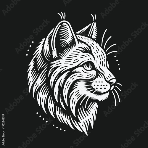 Detailed Lynx Portrait in Striking Black and White Illustration.