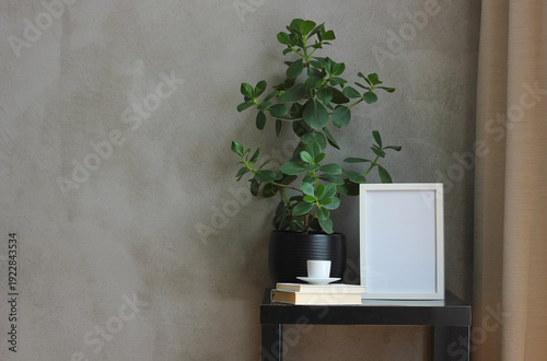 Minimalist interior mockup with empty white frame, houseplant in black pot, coffee cup and books on black side table against gray concrete wall, modern home decor and copy space concept