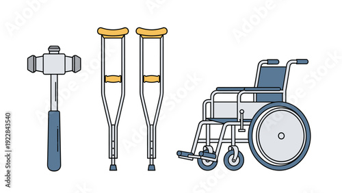 Set of medical equipment including a hammer, crutches, and a wheelchair used for patient rehabilitation and mobility.